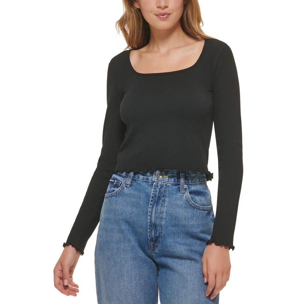 DKNY Women's Square Neck Lettuce Edge Top Black Size Small